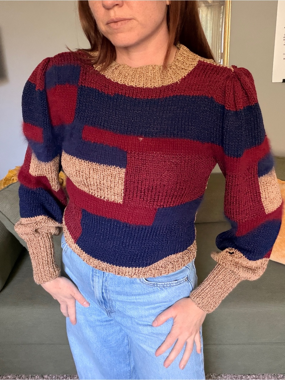 Vintage Colorblock Puff-Sleeve Knit Sweater in Burgundy, Navy & Tan